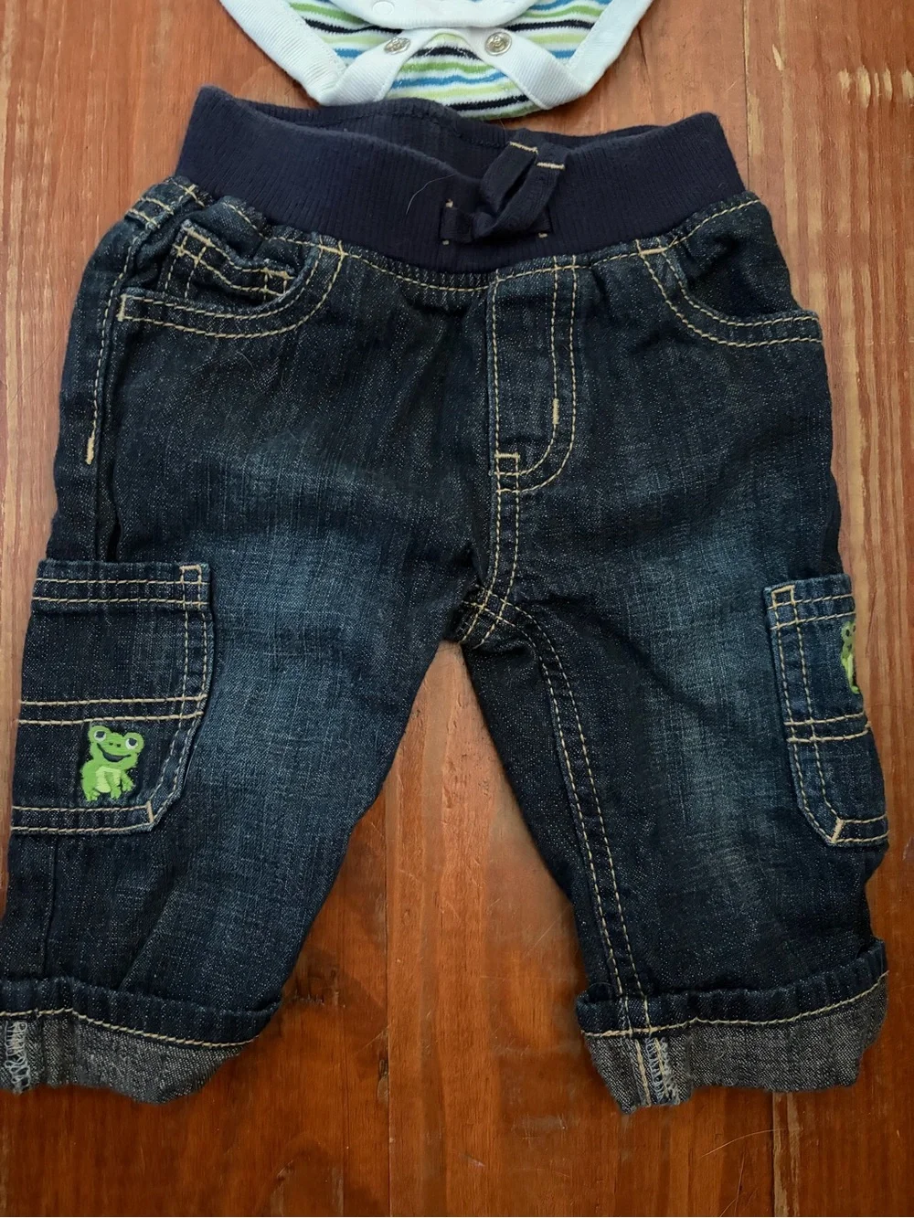 Gymboree Striped Green & Blue Bodysuit with Dark Denim Jeans